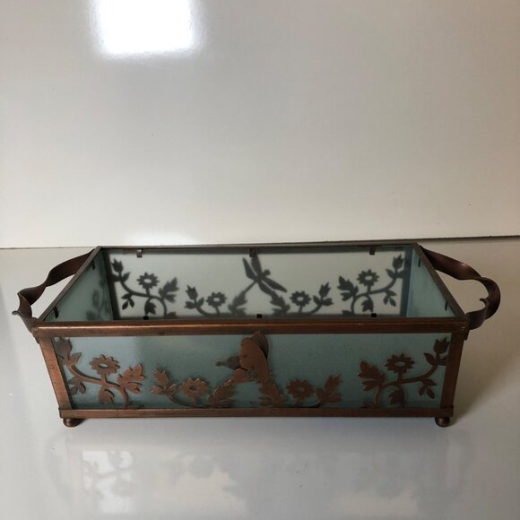 Partylite Flowers Butterfly Dragonfly Tray Copper Color Base and Frosted Glass - Picture 6 of 8